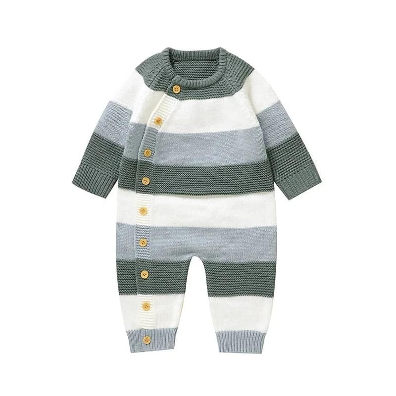 baby knit romper with gray white and green stripes, long sleeve, button closure for infants
