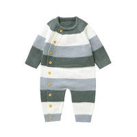 baby knit romper with gray white and green stripes, long sleeve, button closure for infants