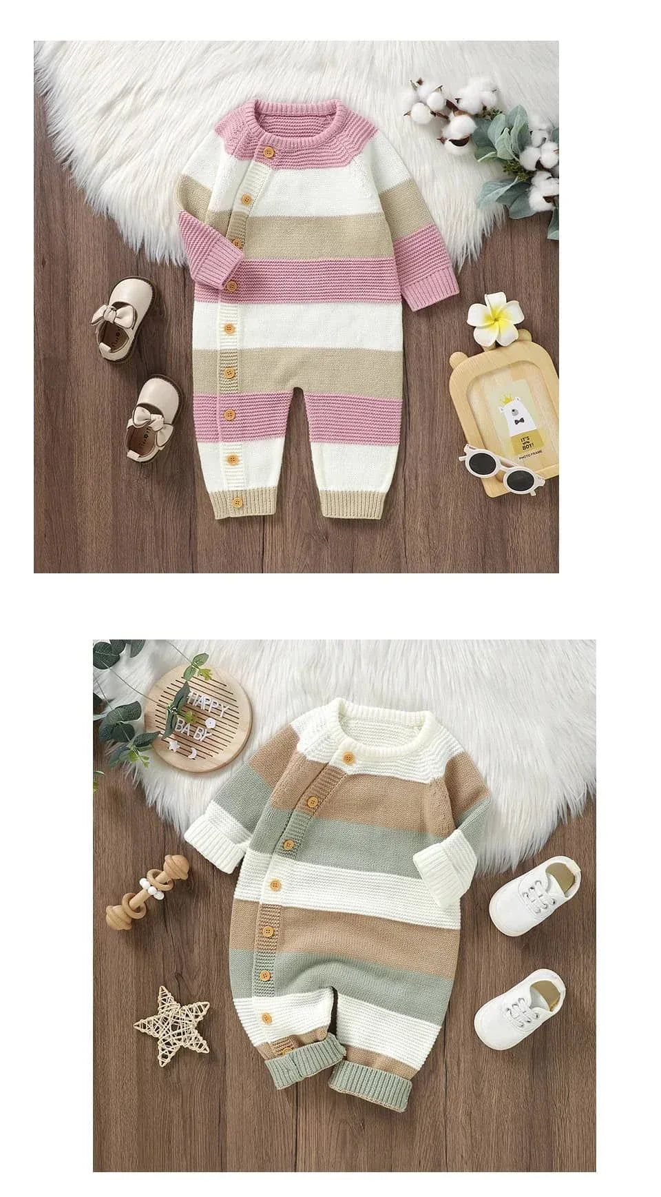 Baby knit romper in pink beige and white stripes with long sleeves and button details