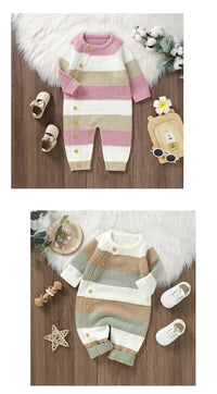 Baby knit romper in pink beige and white stripes with long sleeves and button details
