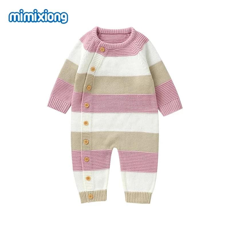 baby knit romper in pink white and beige stripes with button closure long sleeve
