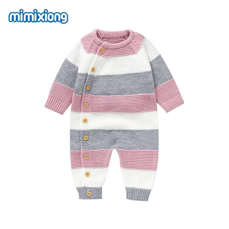 baby knit romper in pink gray and white stripes with wooden buttons and long sleeves