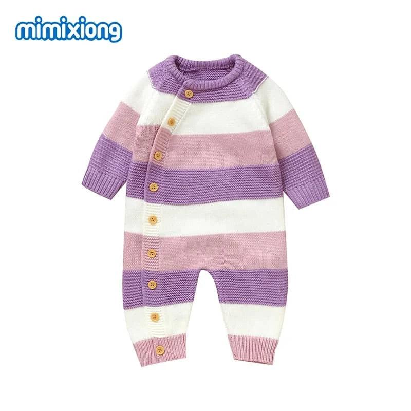 Baby knit romper in white pink and purple stripes with button closure for infants