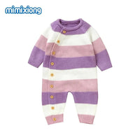 Baby knit romper in white pink and purple stripes with button closure for infants