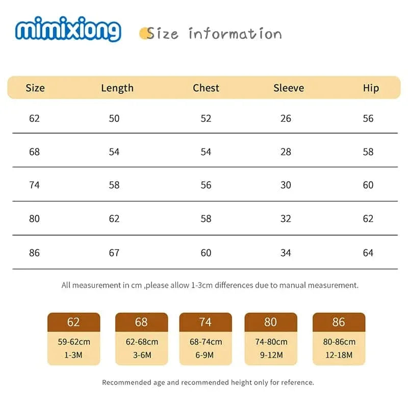 Size chart for babies and kids knit romper with measurements for length chest sleeve and hip in centimeters