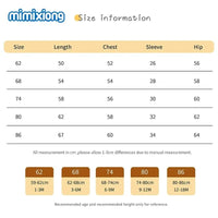 Size chart for babies and kids knit romper with measurements for length chest sleeve and hip in centimeters