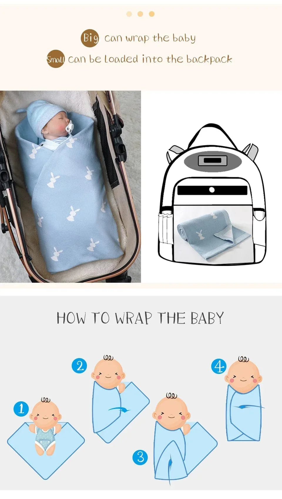 Blue soft baby bunny blanket with white bunny pattern for newborns, perfect for swaddling and wrapping babies