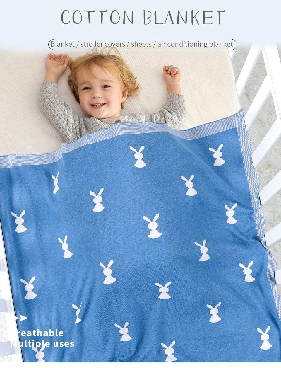 Blue soft baby bunny blanket with white bunny pattern, cotton material for infants and toddlers, breathable and versatile use