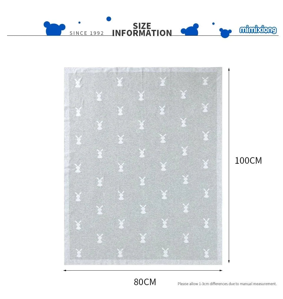 Soft baby bunny blanket in gray with white bunny pattern 80 by 100 cm ideal for newborns and infants