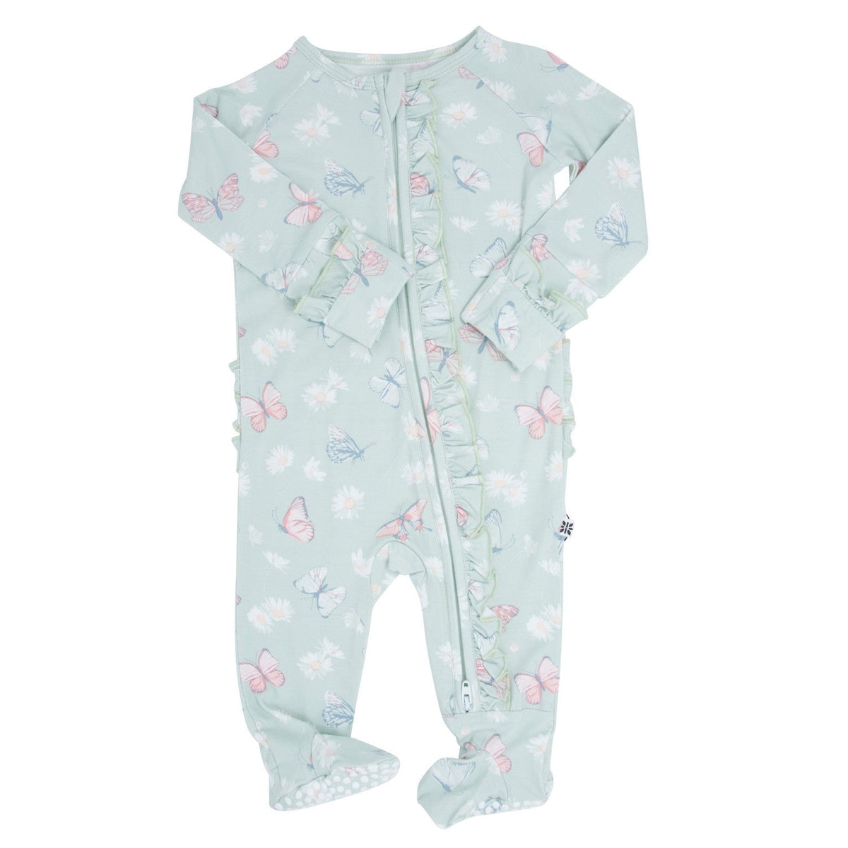 Mint Butterfly Daisy Bamboo Ruffle Baby Footie with butterfly and daisy print, 2-way zipper and ruffle trim