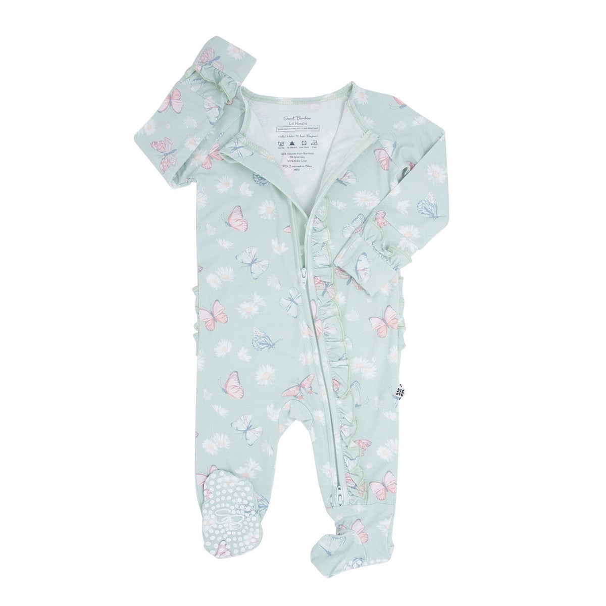 Mint Butterfly Daisy Bamboo Ruffle Baby Footie in soft bamboo fabric with 2-way zipper and ruffle trim.