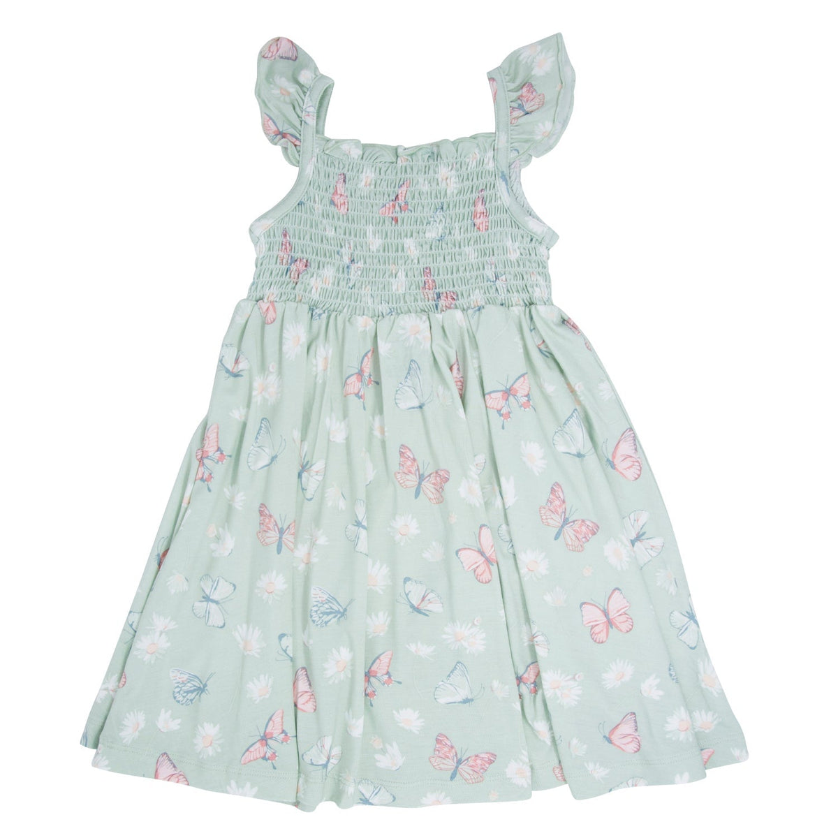 Mint Butterfly Daisy Bamboo Smocked Vintage Dress with flutter straps and full skirt.