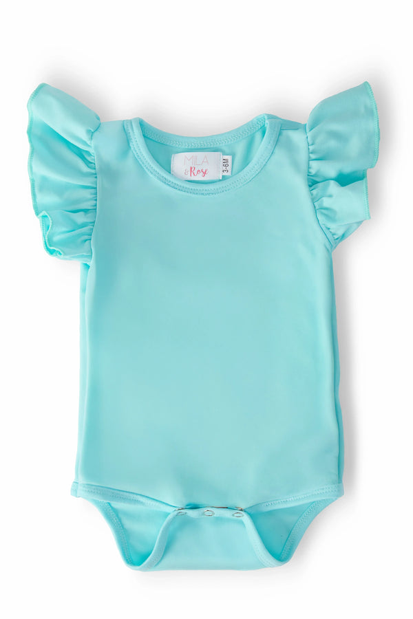 Mila & Rose turquoise flutter bodysuit for babies with short sleeves and ruffle details