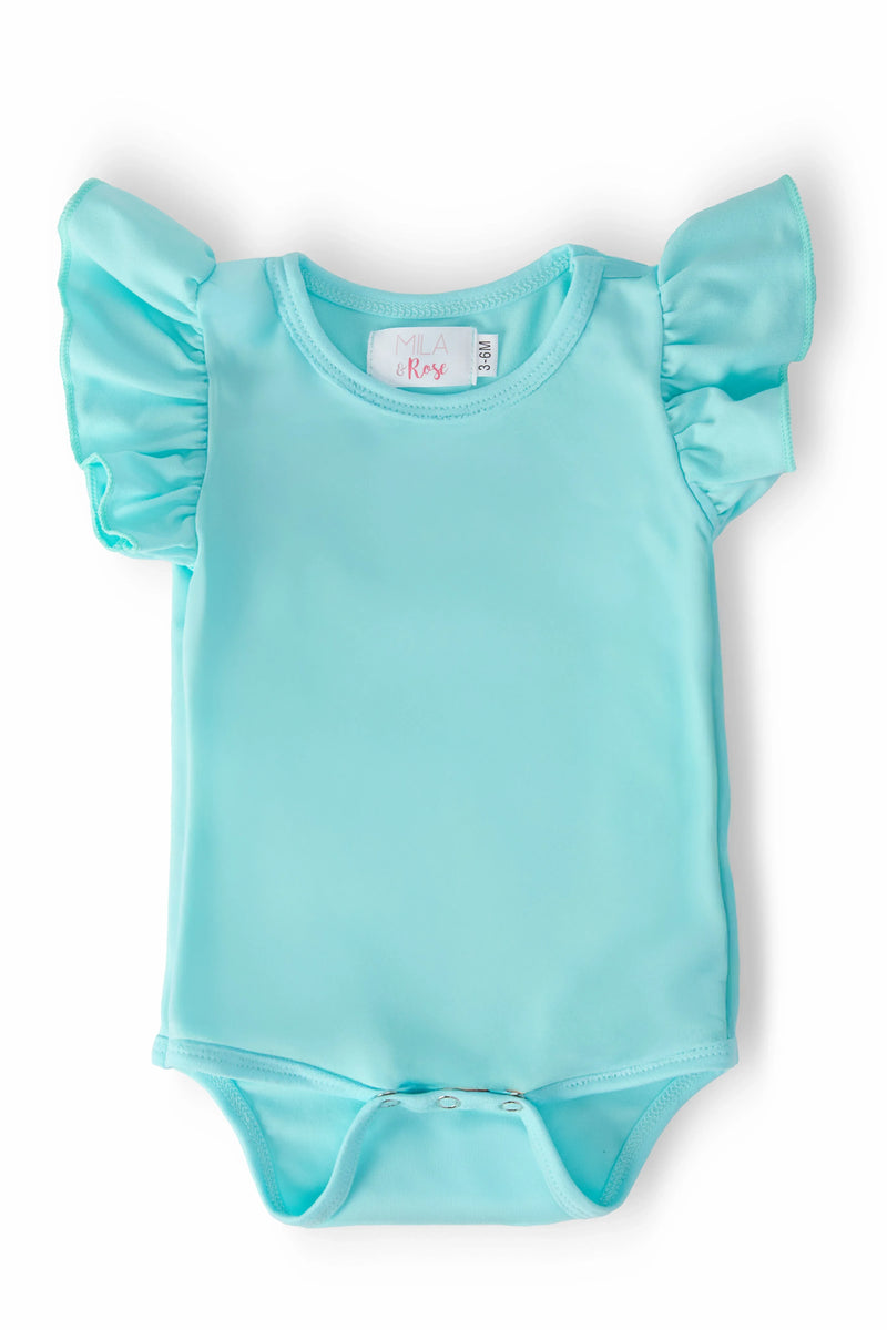 Mila & Rose turquoise flutter bodysuit for babies with short sleeves and ruffle details