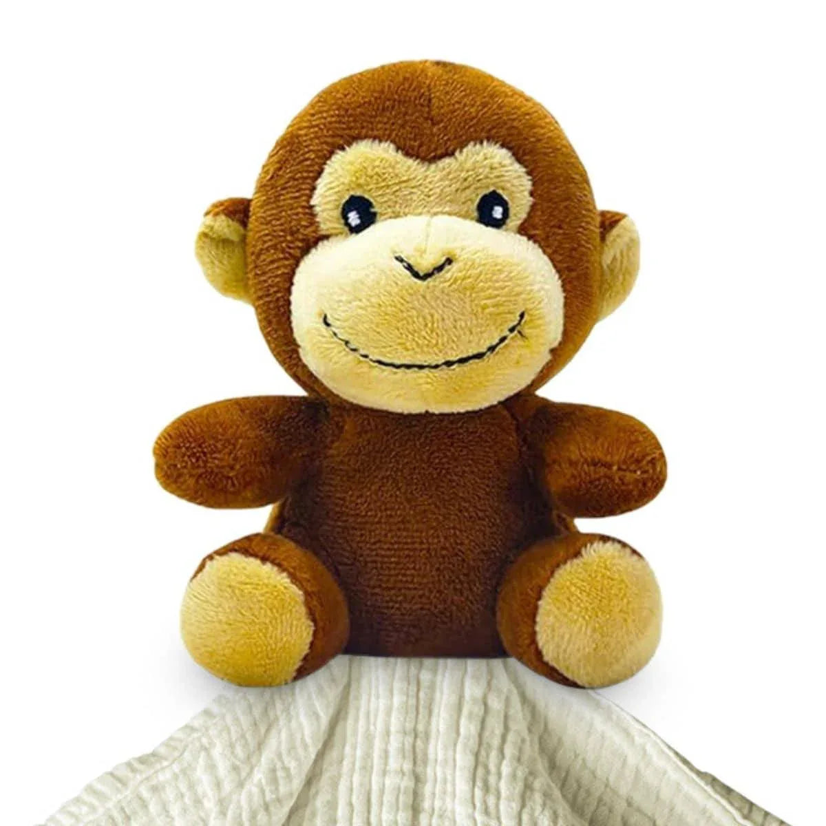 Me Lovey brown and beige plush monkey security blanket with soft white muslin fabric