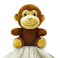 Me Lovey brown and beige plush monkey security blanket with soft white muslin fabric