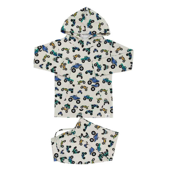 Children's hoodie and pants set with monster truck pattern on a white background