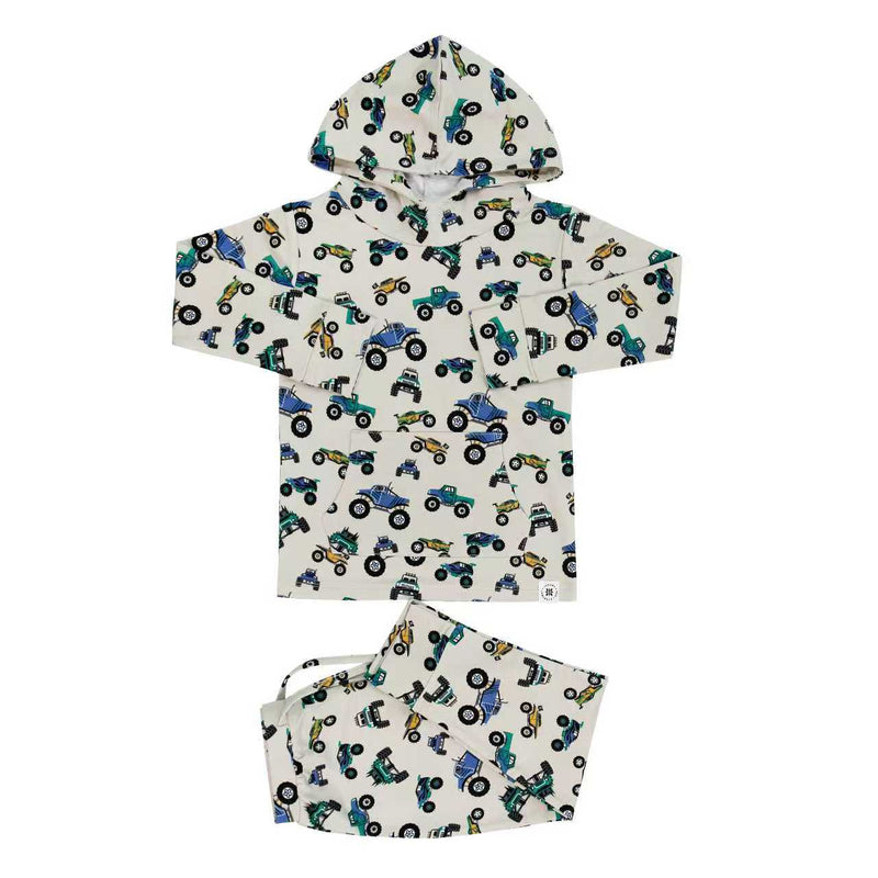 Children's hoodie and pants set with monster truck pattern on a white background