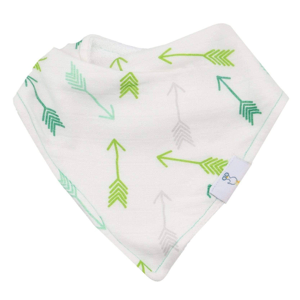 White muslin and terry baby bibs with green arrow pattern for newborns