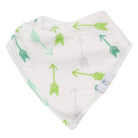 White muslin and terry baby bibs with green arrow pattern for newborns