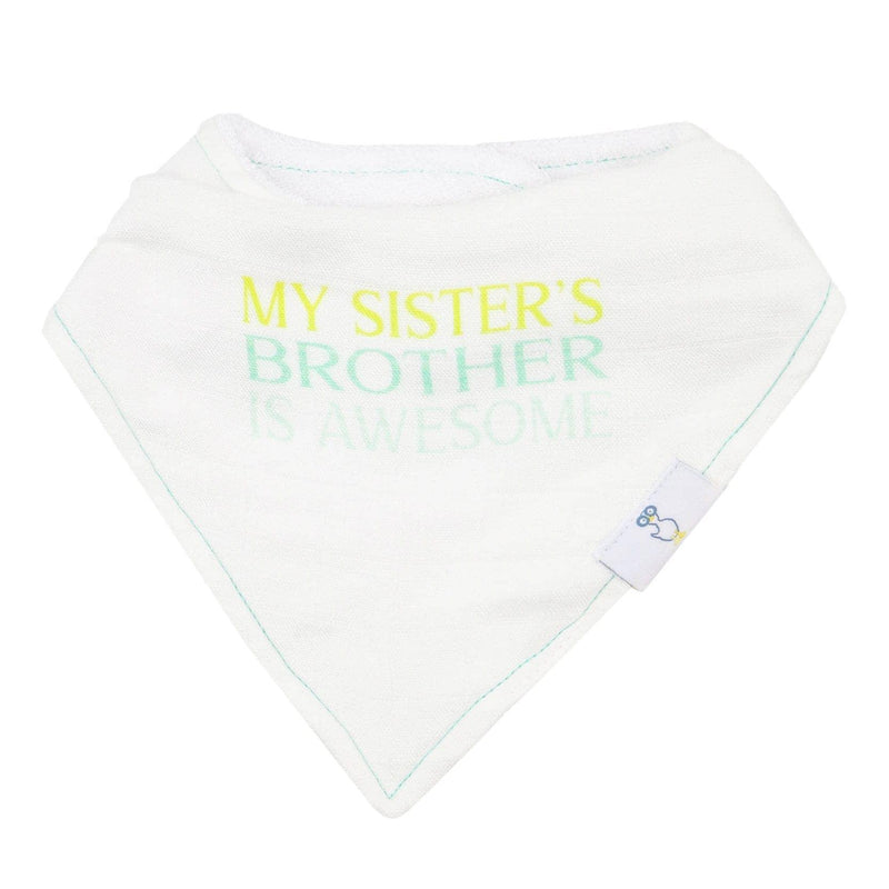 White muslin and terry baby bib with My Sister's Brother is Awesome text for newborns