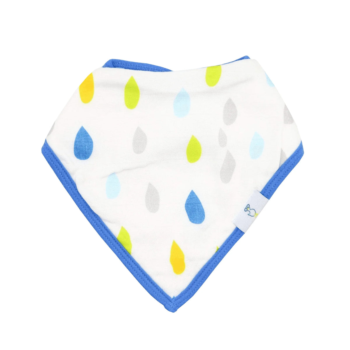 White baby bib with colorful raindrop pattern and blue trim muslin and terry cloth baby bib set
