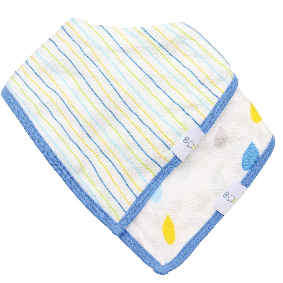 Two baby bibs in blue trim with yellow and blue stripes and raindrop patterns muslin and terry cloth baby bib set