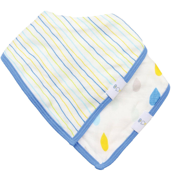Two baby bibs in blue trim with yellow and blue stripes and raindrop patterns muslin and terry cloth baby bib set