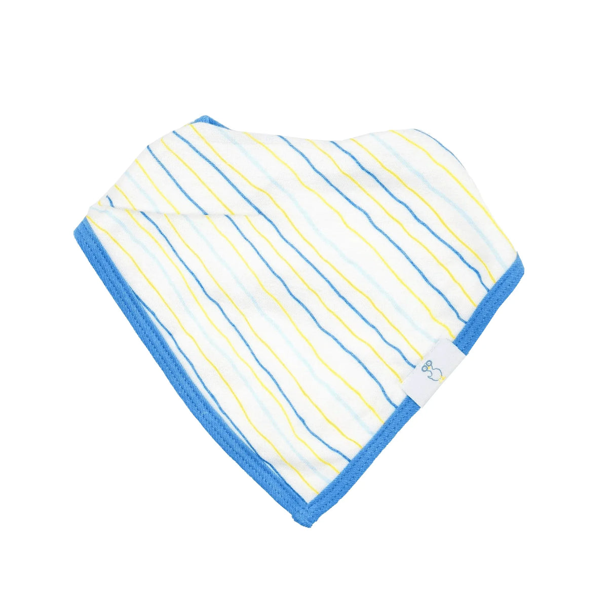 Newborn baby wearing blue trimmed muslin and terry cloth baby bib set with yellow and blue stripes