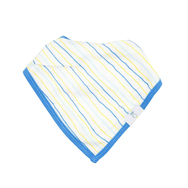 Newborn baby wearing blue trimmed muslin and terry cloth baby bib set with yellow and blue stripes