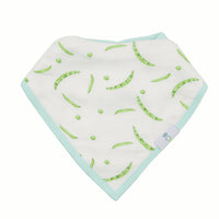 white baby bib with green pea pod pattern and light blue trim muslin and terry cloth baby bib set