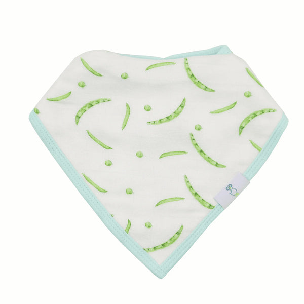 white baby bib with green pea pod pattern and light blue trim muslin and terry cloth baby bib set