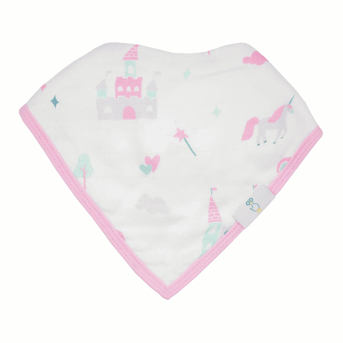 white baby bib with pink trim featuring castle and unicorn patterns muslin and terry cloth baby bibs