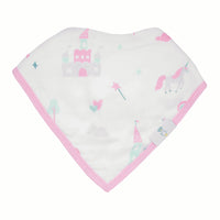 white baby bib with pink trim featuring castle and unicorn patterns muslin and terry cloth baby bibs