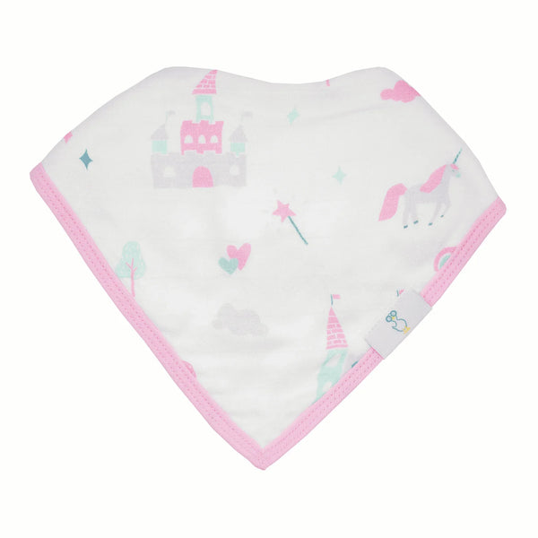 white baby bib with pink trim featuring castle and unicorn patterns muslin and terry cloth baby bibs