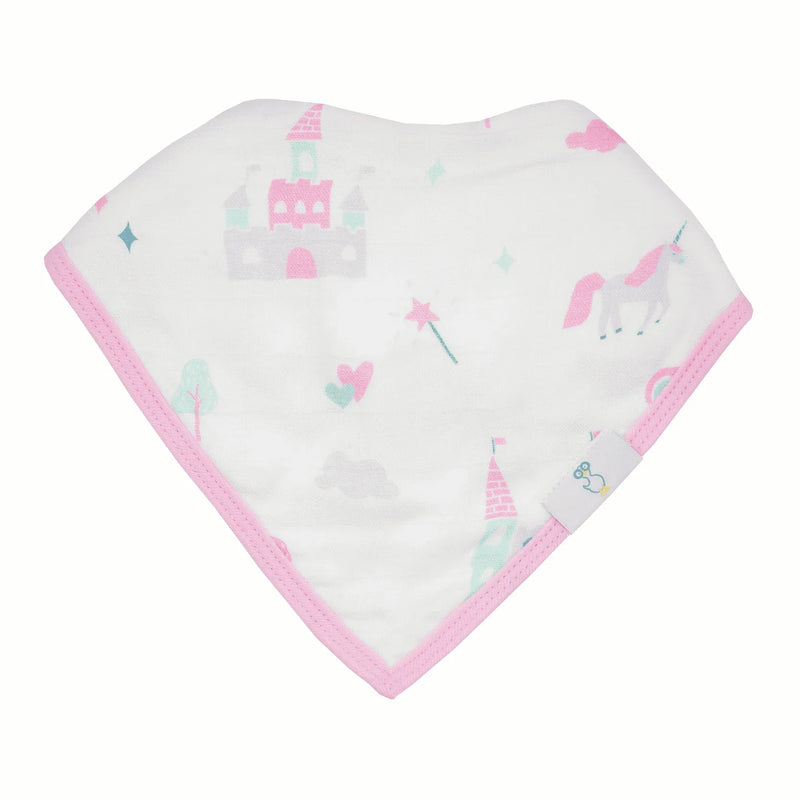 white baby bib with pink trim featuring castle and unicorn patterns muslin and terry cloth baby bibs