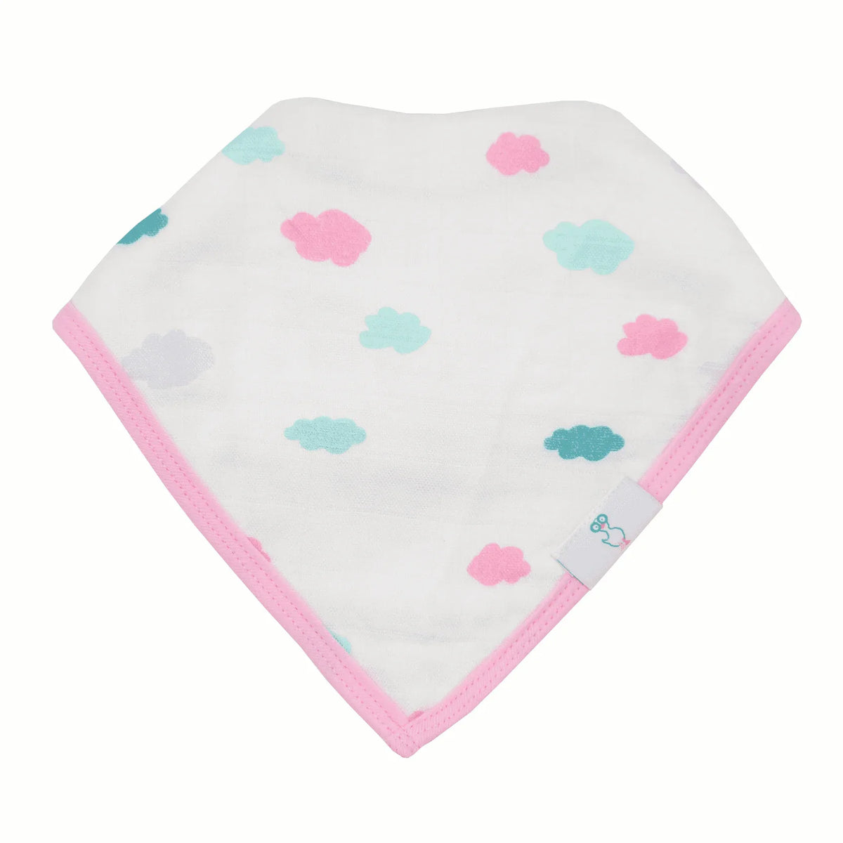 White baby bib with pink trim and pastel cloud pattern made from muslin and terry cloth baby bibs