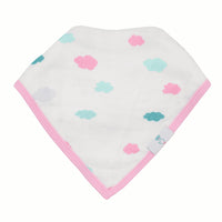 White baby bib with pink trim and pastel cloud pattern made from muslin and terry cloth baby bibs