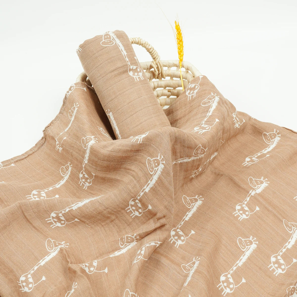 Brown muslin swaddle with white giraffe print for babies and kids soft breathable fabric