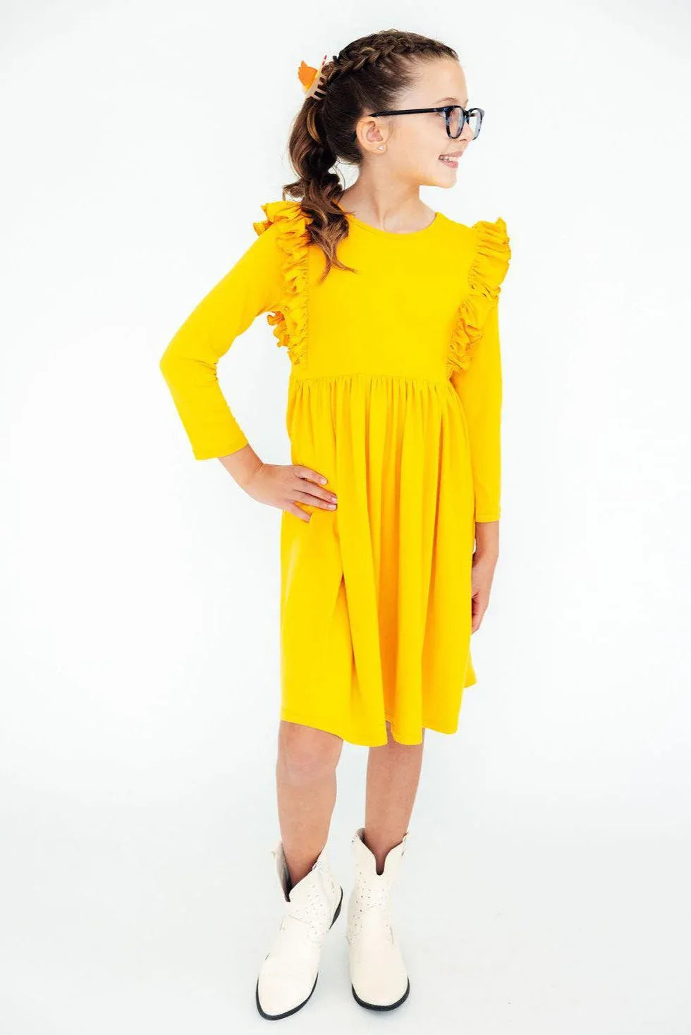 Girls mustard ruffle dress long sleeve twirl dress with ruffle details by Mila & Rose