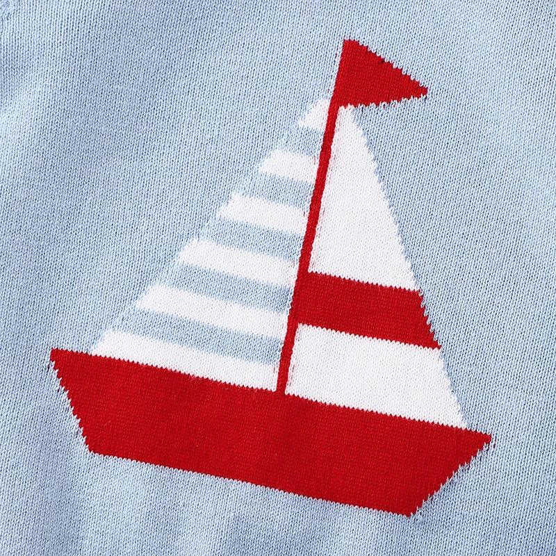 blue nautical baby outfit with red and white sailboat design for infants