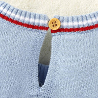 Light blue knitted nautical baby outfit for infants with white and red striped collar and wooden button
