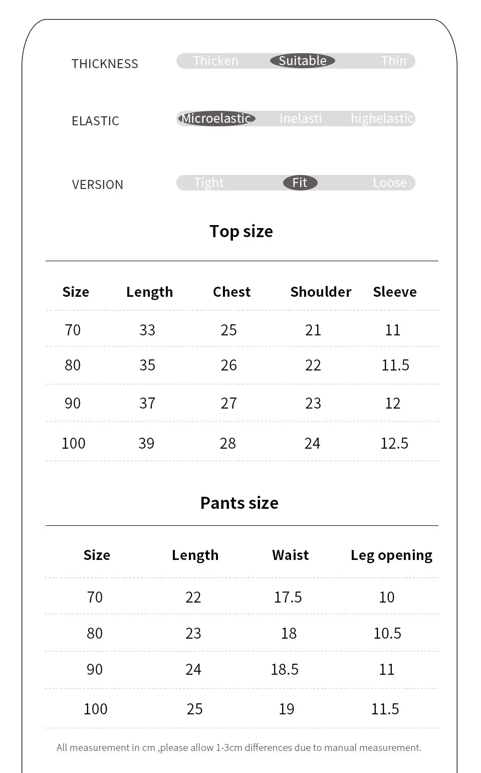 Size chart for nautical baby outfit showing length, chest, shoulder, and sleeve measurements for ages 70 to 100