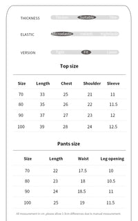 Size chart for nautical baby outfit showing length, chest, shoulder, and sleeve measurements for ages 70 to 100