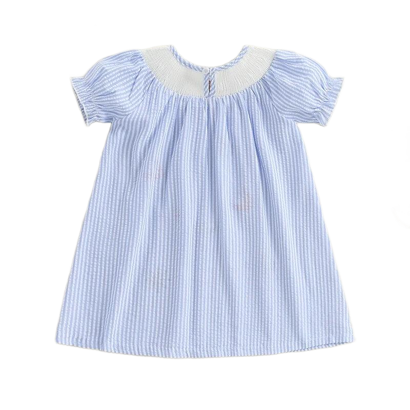 baby blue and white striped nautical dress with smocked yoke and short puff sleeves