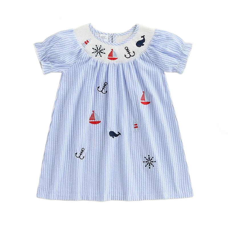 Baby blue nautical dress with short sleeves and embroidered red sailboats and anchors for toddlers
