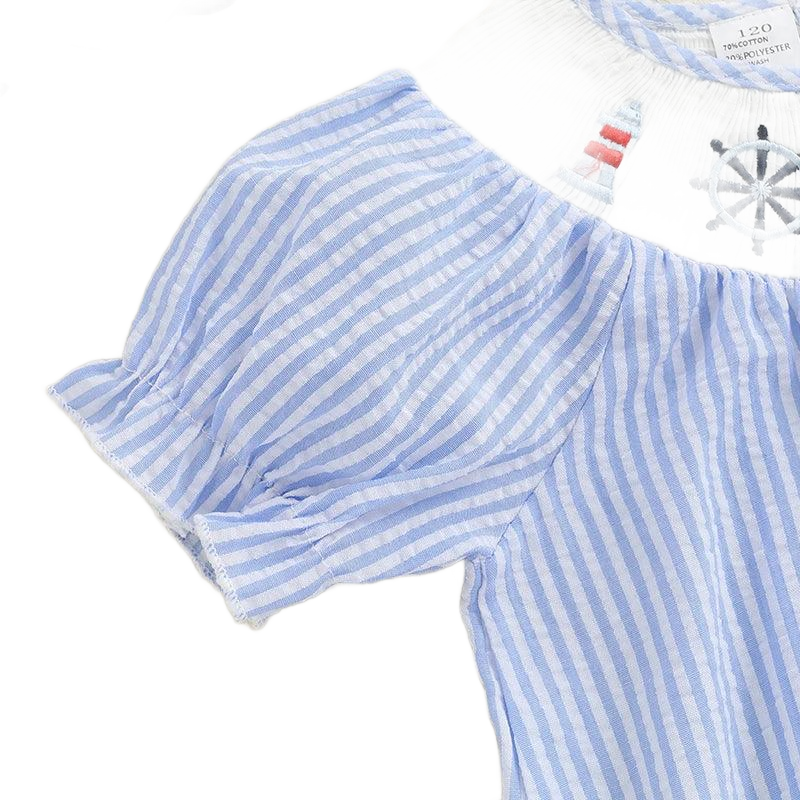 Baby blue nautical dress size 120 with white and red embroidered ship and wheel details