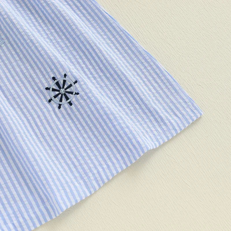 baby blue and white striped nautical dress with ship wheel embroidery for infants and toddlers