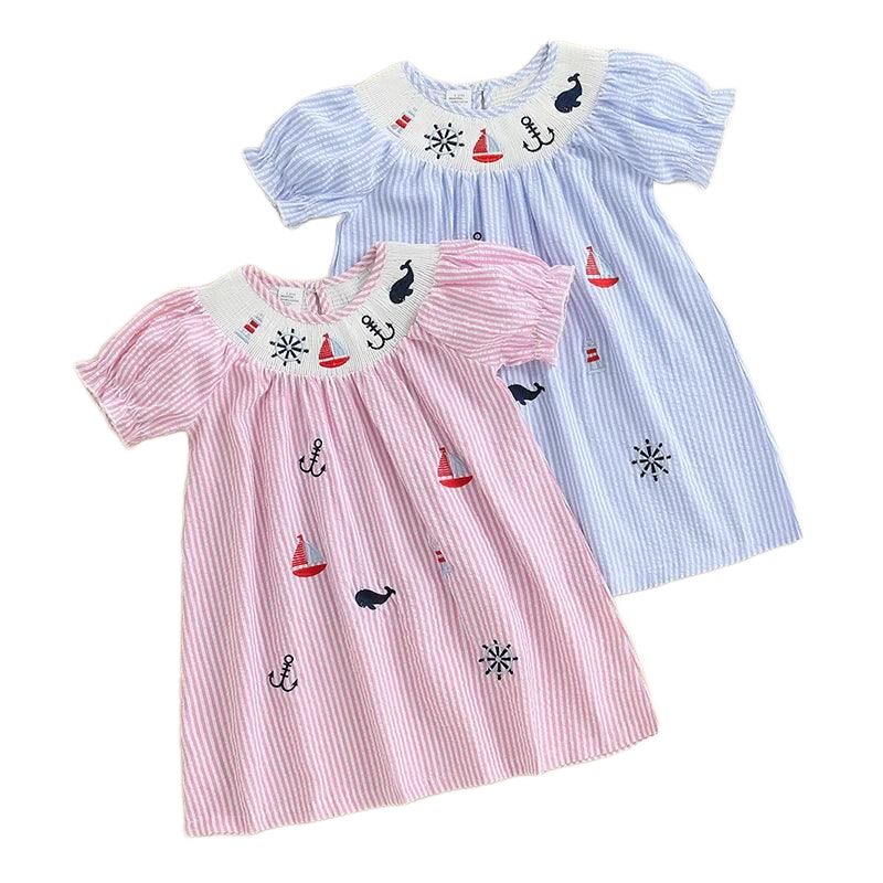 Girls pink and blue nautical dress for babies with embroidered sailboats anchors and whales size newborn to toddler