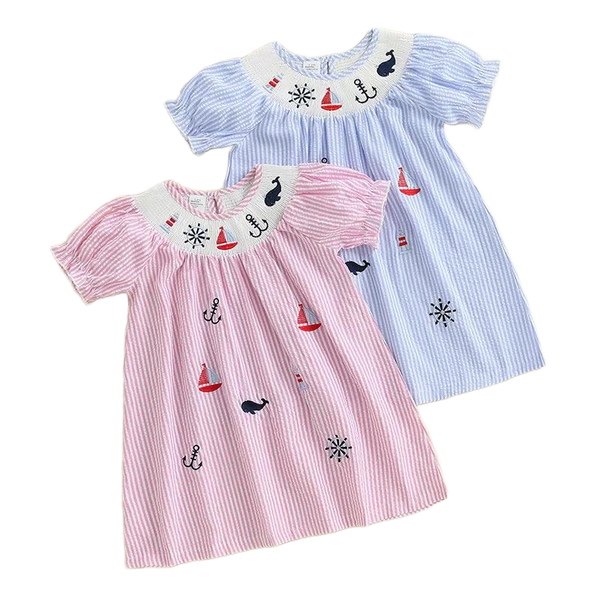 Girls pink and blue nautical dress for babies with embroidered sailboats anchors and whales size newborn to toddler